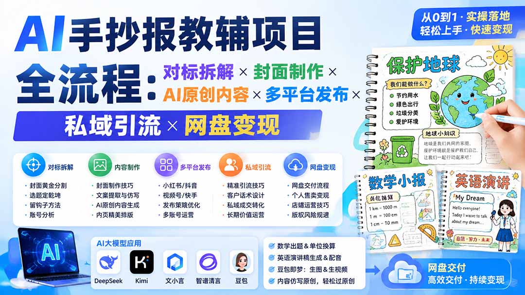 AI手抄报教辅项目全流程：对标拆解×封面制作×AI原创内容×多平台发布×私域引流×网盘变现-小白项目网