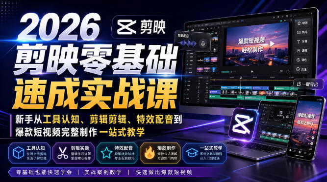 2026剪映零基础速成实战课｜新手从工具认知、剪辑剪辑、特效配音到爆款短视频完整制作一站式教学-小白项目网