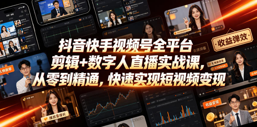 抖音快手视频号全平台剪辑+数字人直播实战课，从零到精通，快速实现短视频变现(更新2026年6月)-小白项目网