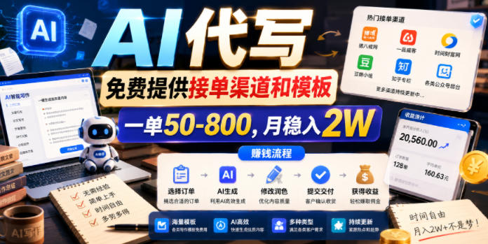 AI代写,免费提供接单渠道和模板,一单50-800,月稳入2W【揭秘】-小白项目网