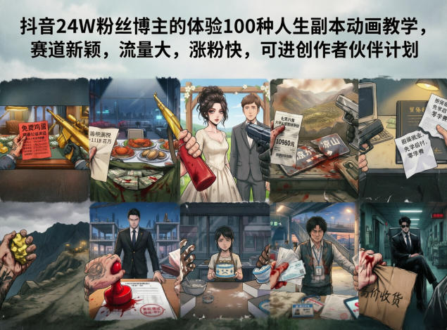 抖音24W粉丝博主的体验100种人生副本动画教学，赛道新颖，流量大，涨粉快，可进创作者伙伴计划-小白项目网