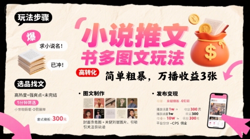 小说推文小红书多图文玩法，简单粗暴，万播收益3张-小白项目网