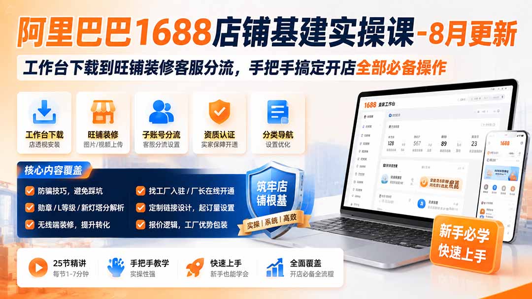 阿里巴巴1688店铺基建实操课-8月更新；工作台下载到旺铺装修客服分流，手把手搞定开店全部必备操作-小白项目网