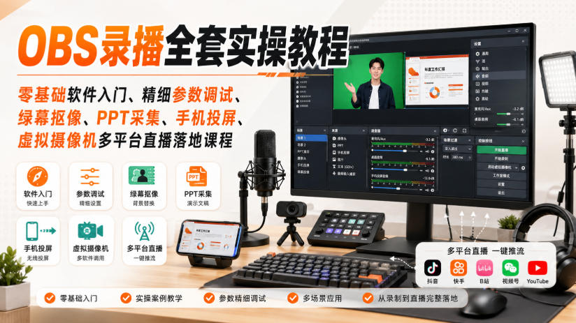OBS录播全套实操教程｜零基础软件入门、精细参数调试、绿幕抠像、手机投屏、虚拟摄像机多平台直播落地课程-小白项目网