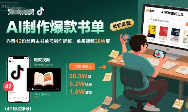 AI制作爆款书单，抖音42粉丝博主书单号制作拆解，单条视频28W赞-小白项目网