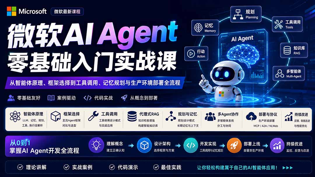 微软AI Agent零基础入门实战课：从智能体原理、框架选择到工具调用、记忆规划与生产环境部署全流程-小白项目网