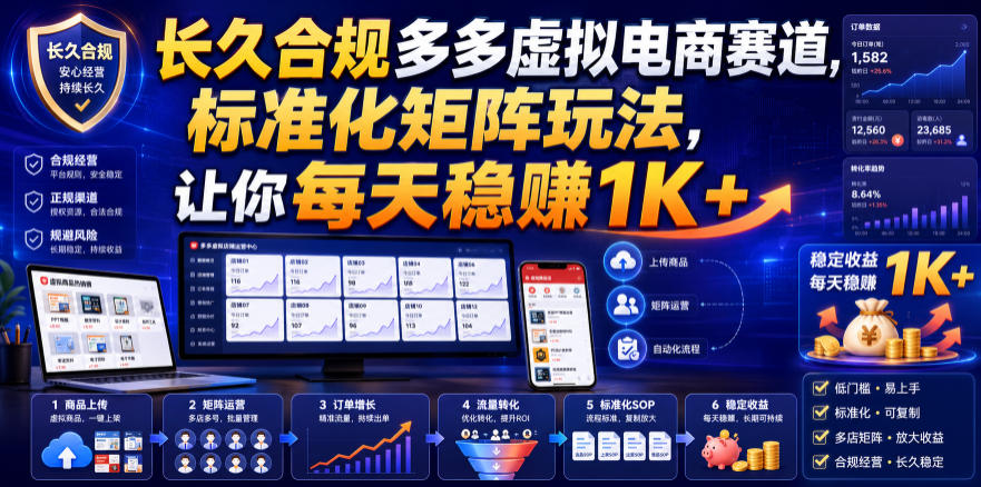 长久合规多多虚拟电商赛道，标准化矩阵玩法，让你每天稳賺1K+【揭秘】-小白项目网