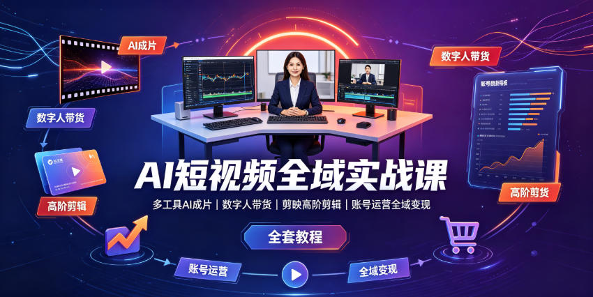 AI短视频全域实战课｜多工具AI成片、数字人带货、剪映高阶剪辑、账号运营全域变现全套教程-小白项目网