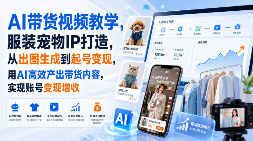 AI带货视频教学，服装宠物IP打造，从出图生成到起号变现，用AI高效产出带货内容，实现账号变现增收-小白项目网